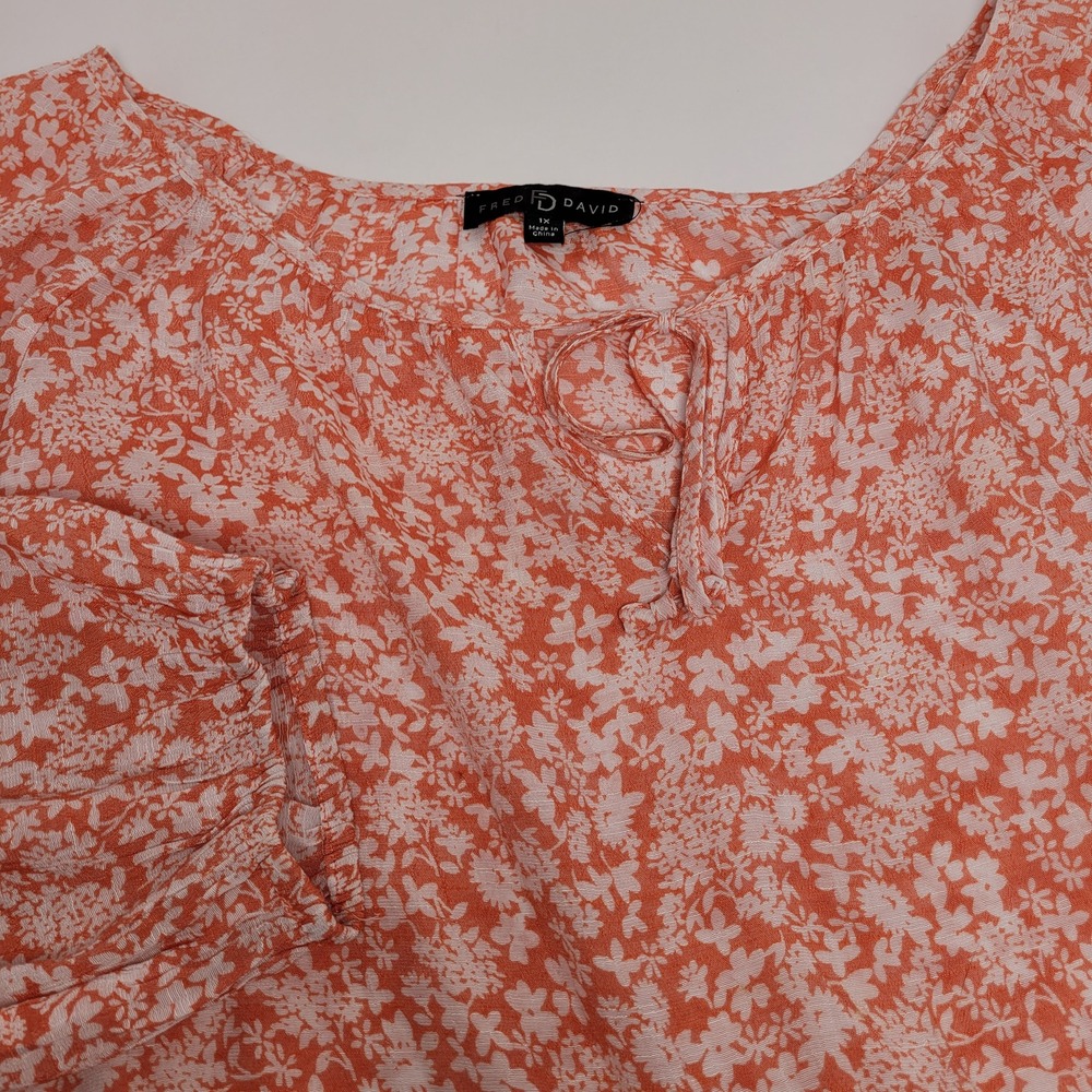 Fred David Blouse Womens 1X Coral Excellent Floral Tie Neck 3/4 Sleeve D2U037RW